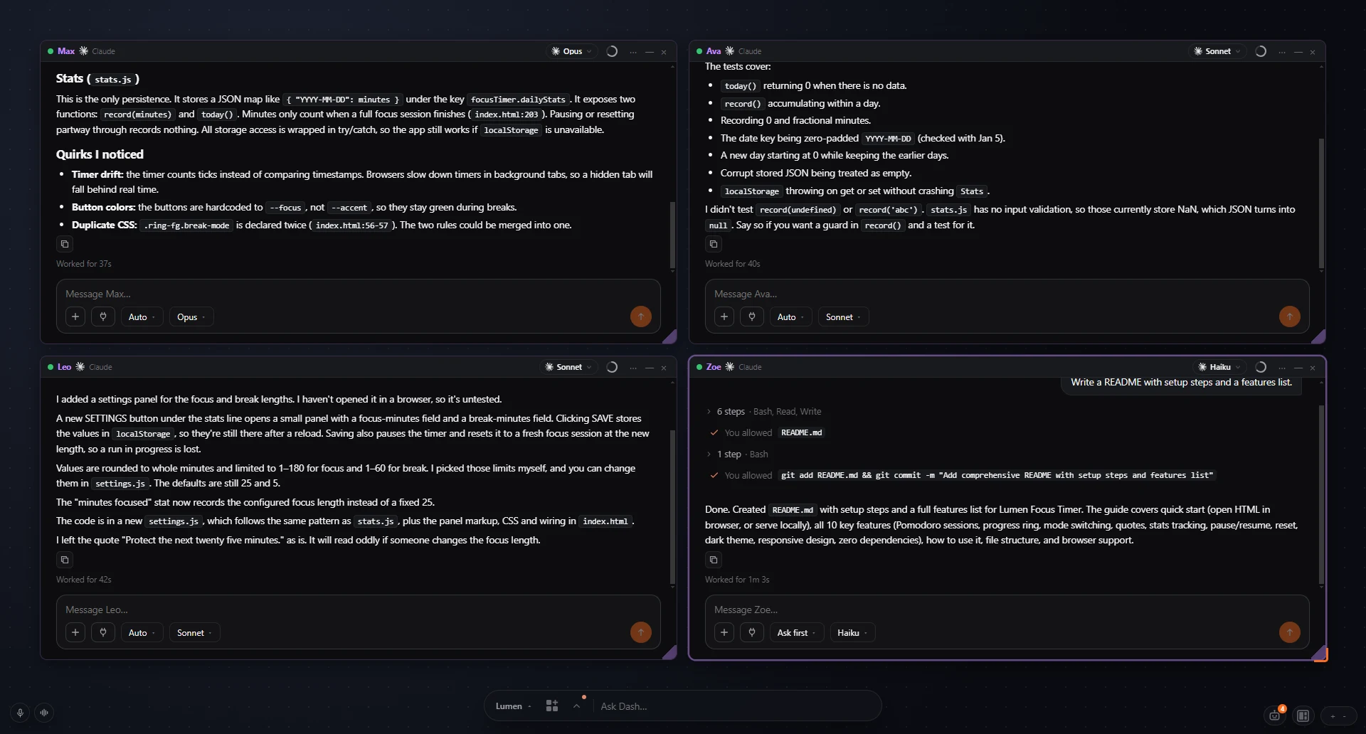 Four AI agents working side by side in DASH